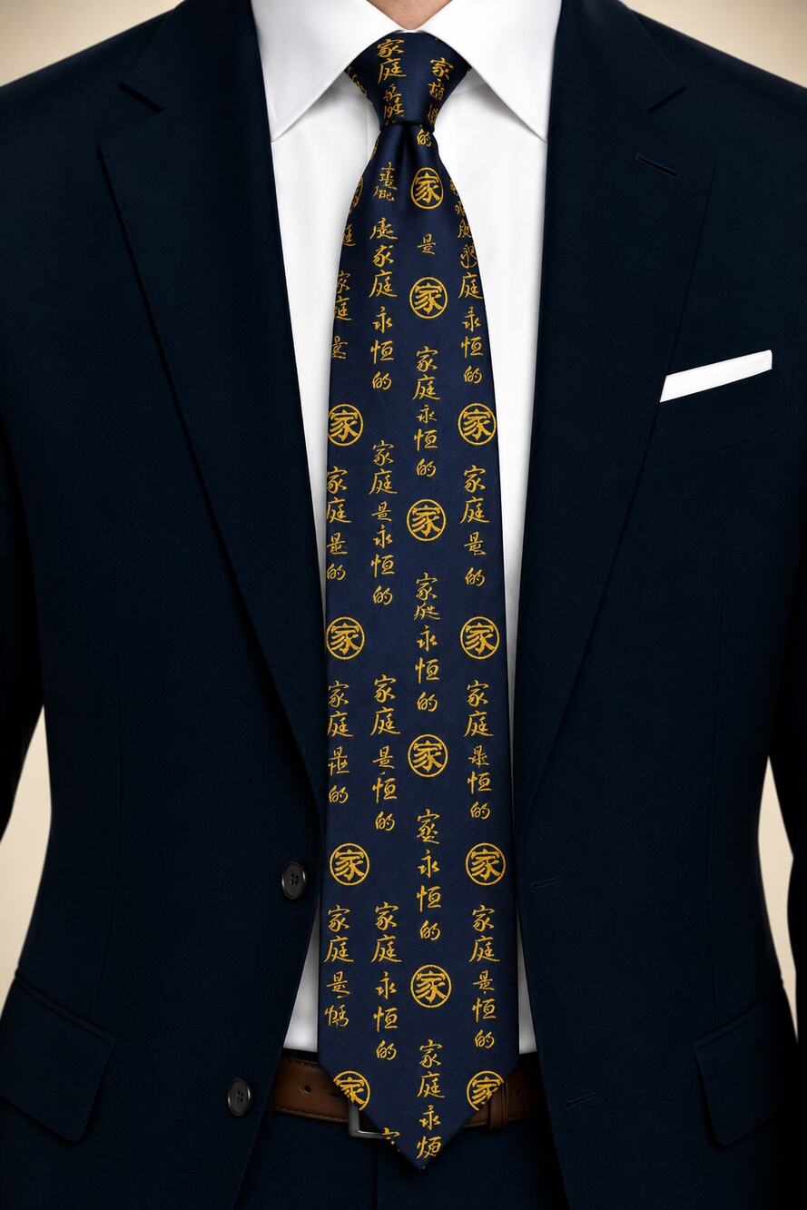 Family Ties Silk Necktie Men’s Blue Yellow Chinese Characters Patterned Formal